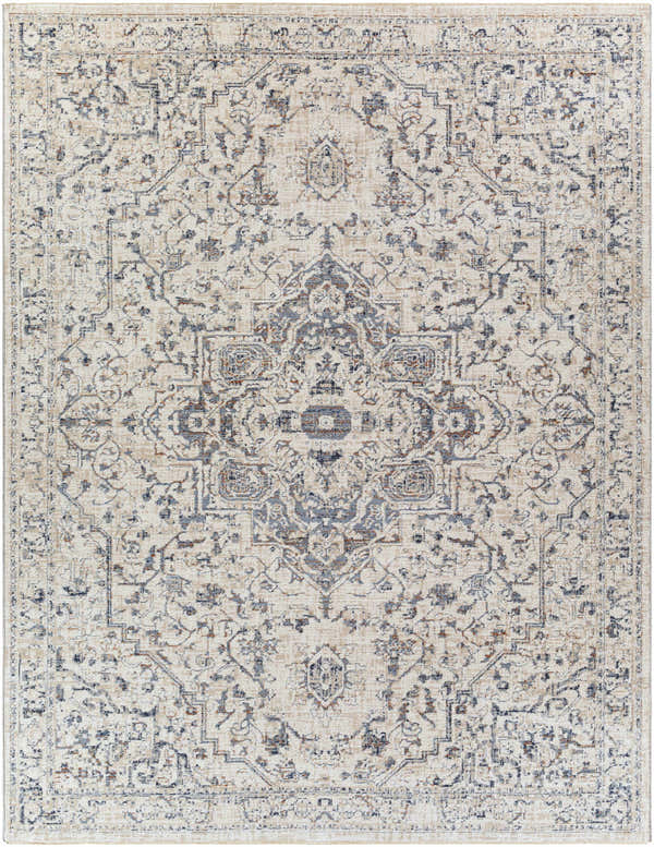 Detailed view of the Buguey Area Rug featuring a traditional, oriental pattern in cream, denim, and brick red tones. Design-Rectangle-71010