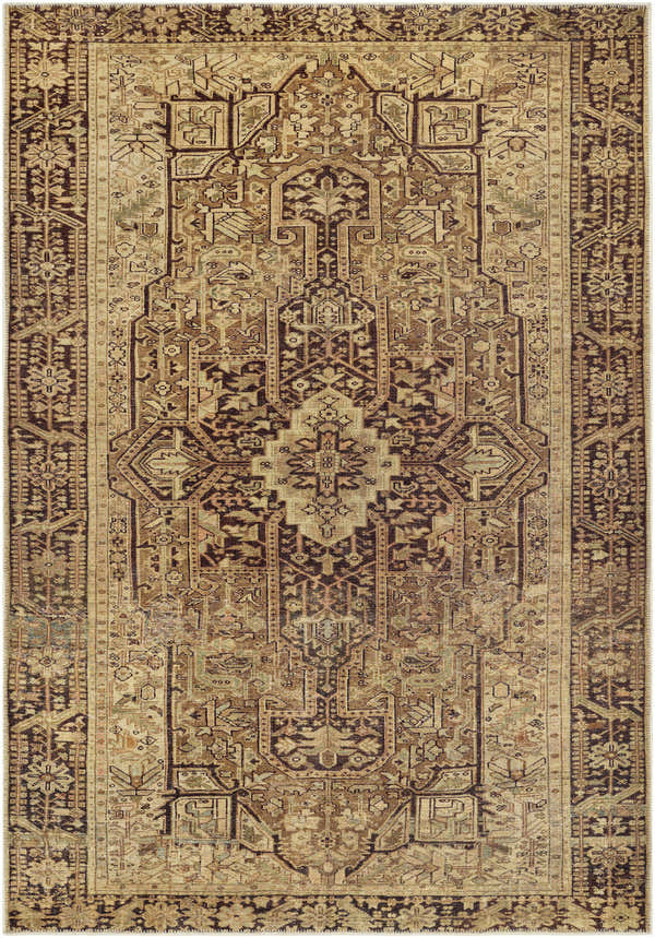 Close-up of the Buliran Washable Area Rug. Traditional oriental pattern with brown, mustard, olive, and wheat colors. Machine woven texture. Design-Rectangle-5373