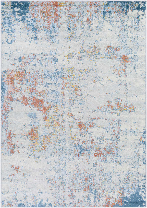 Close-up of the Buliok Area Rug, a contemporary design in brick red, cream, blue, and yellow on a light gray background. Design-Rectangle-5373
