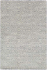 Close-up of the Bumpass Area Rug. Light sage and medium gray wool rug with a contemporary diamond pattern. Hand-knotted texture. Design-Rectangle