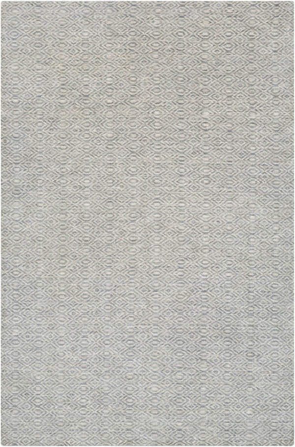 Close-up of the hand-knotted Bumpass Area Rug. Light sage and medium gray wool rug with a contemporary geometric diamond pattern. Design-Rectangle