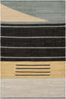Close-up of the hand woven Bunbury Area Rug. Colors: black, pale blue, teal, and wheat. Contemporary, mid-century modern style. Design-Rectangle-576