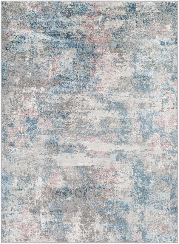 Close-up of the Buncrana Area Rug: a contemporary design with brick red, cream, blue, and gray abstract patterns. Design-Rectangle-537