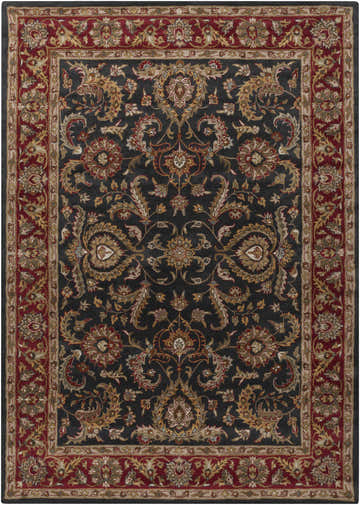 Close-up of the hand-tufted Bunola Area Rug. Features a traditional Persian-style design in amber, black, and red tones. Design-Rectangle-811