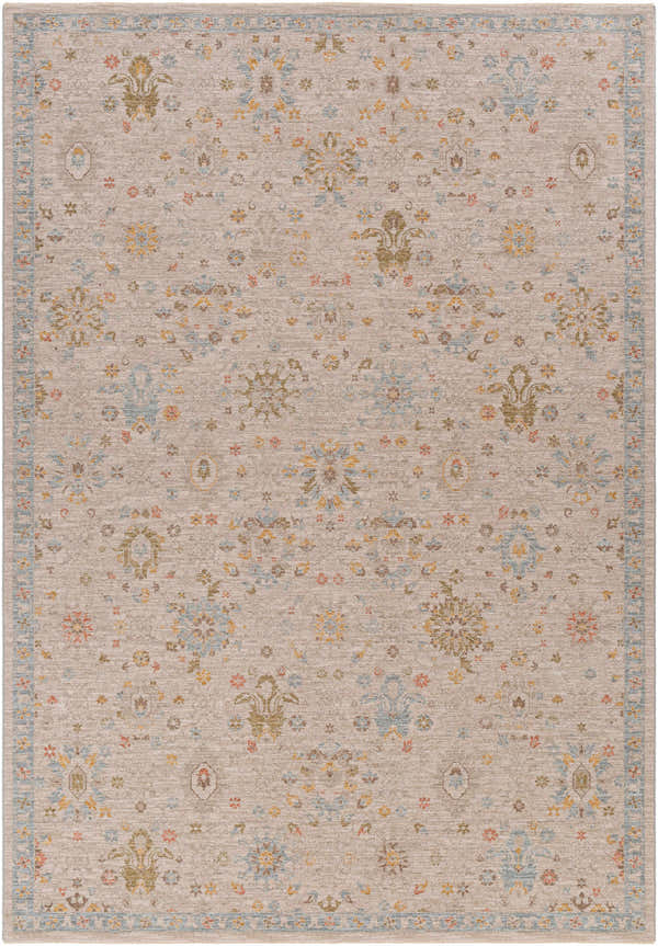 Detailed view of the Burcu Thick Luxe Area Rug with amber, blue, and brown floral pattern. Design-Rectangle-6796