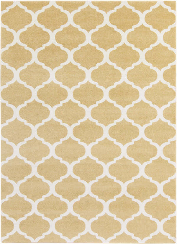 Close-up of the Burkettsville Clearance Rug with a cream and mustard quatrefoil pattern. Design-Rectangle-5373