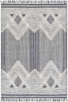 Close-up of Aldbourne Gray Tassel Flatweave Wool Rug. Charcoal, gray, and ivory geometric design with fringe. Hand woven texture. Design-Rectangle-576
