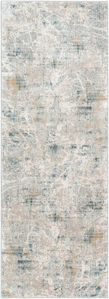 Close-up of the Burstwick Thick Luxe Boutique Rug. Features a contemporary abstract design in dusty sage, navy, and taupe. Design-Runner-2773