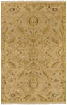 Close-up of the hand-knotted Bury Area Carpet. Light brown wool rug with traditional light olive and mustard floral pattern. Design-Rectangle-58