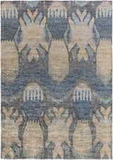 Close-up of the Bushong Jute Carpet. Southwestern style rug with blue, brown, and white colors. Hand knotted jute texture. Design-Rectangle-811