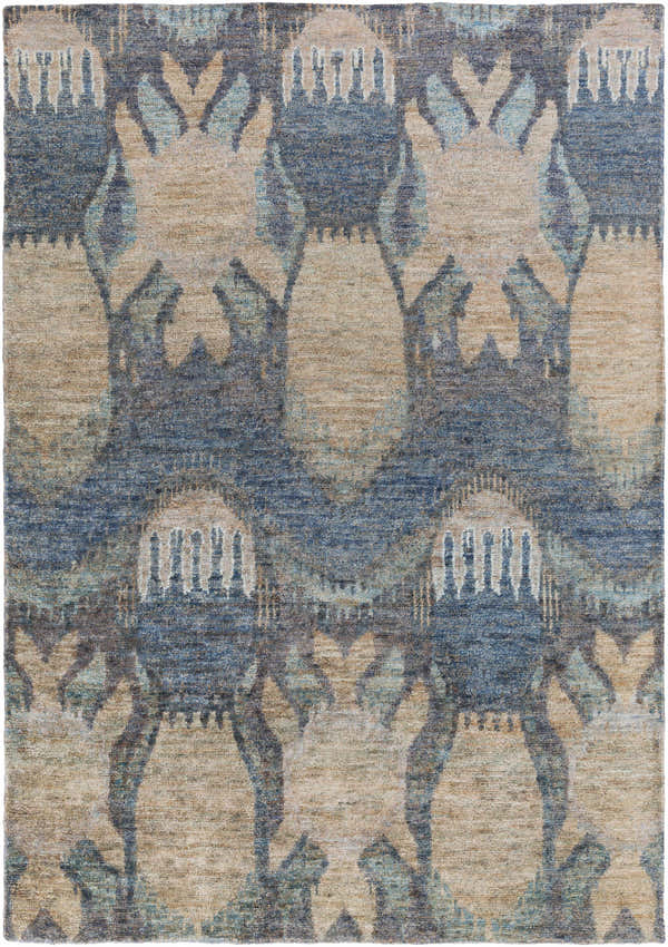 Close-up of the Bushong Jute Carpet. Southwestern style rug with blue, brown, and white colors. Hand knotted jute texture. Design-Rectangle-811