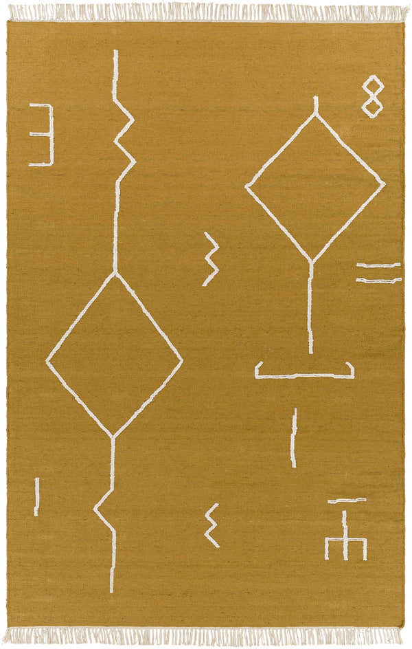 Close-up of the Bushra Area Rug; a hand-woven, mustard-colored rug with a geometric white pattern and fringed edges. Design-Rectangle-576