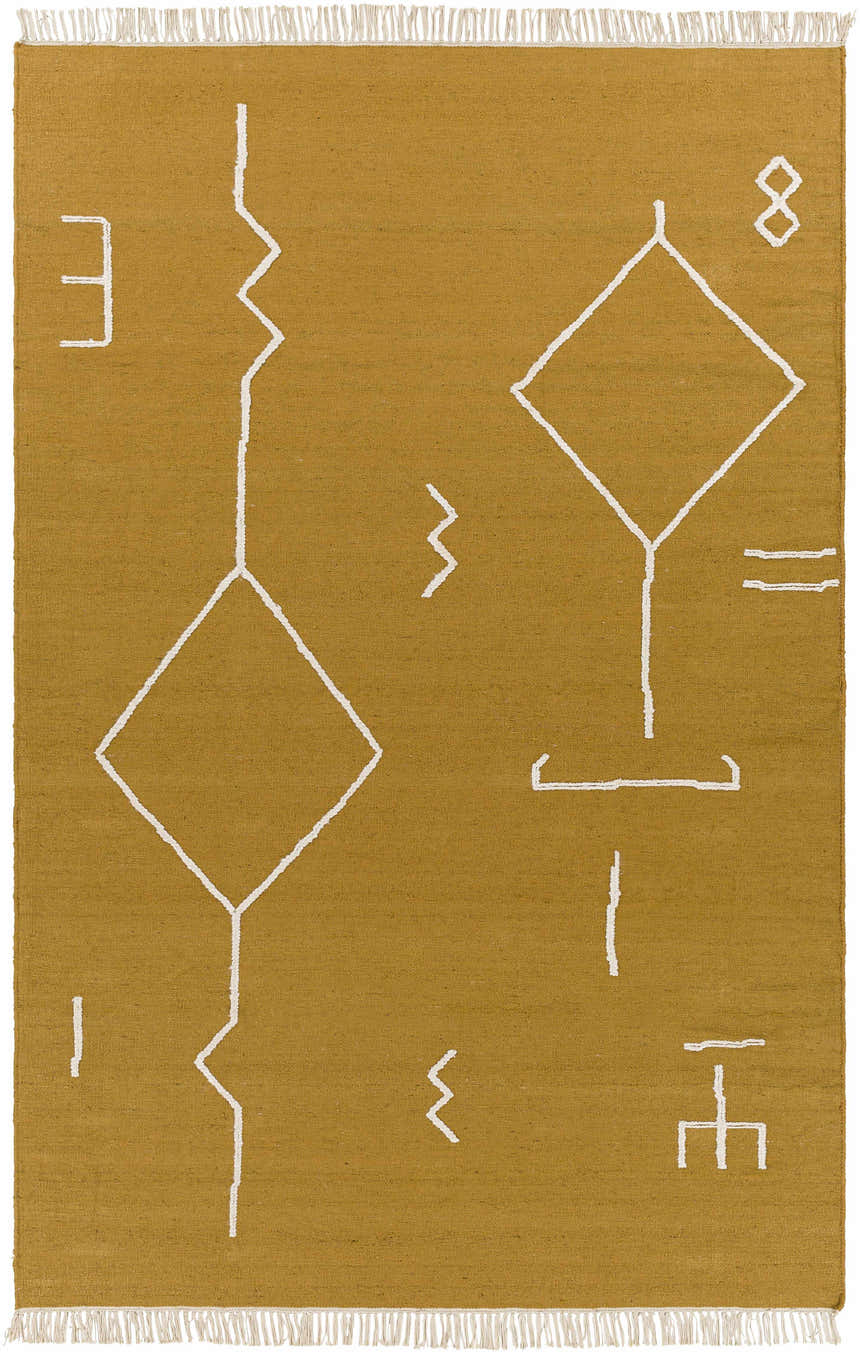 Close-up of the Bushra Area Rug; a hand-woven, mustard-colored rug with a geometric white pattern and fringed edges. Design-Rectangle-576