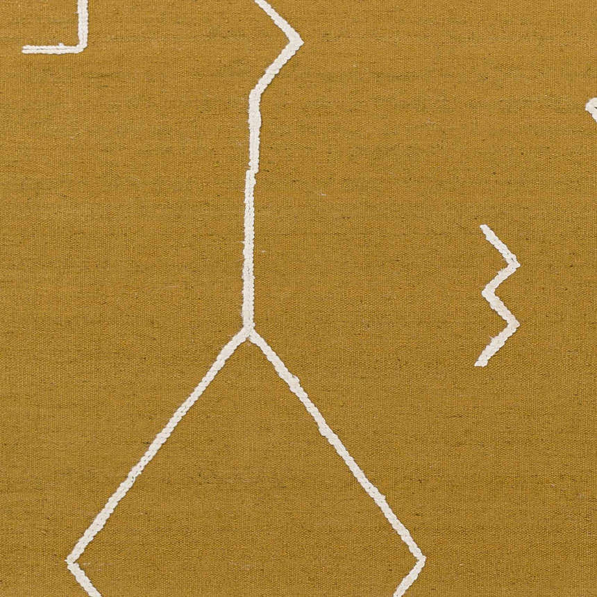 Close up of Bushra Area Rug showing mustard yellow wool and viscose with white geometric hand woven design. Swatch