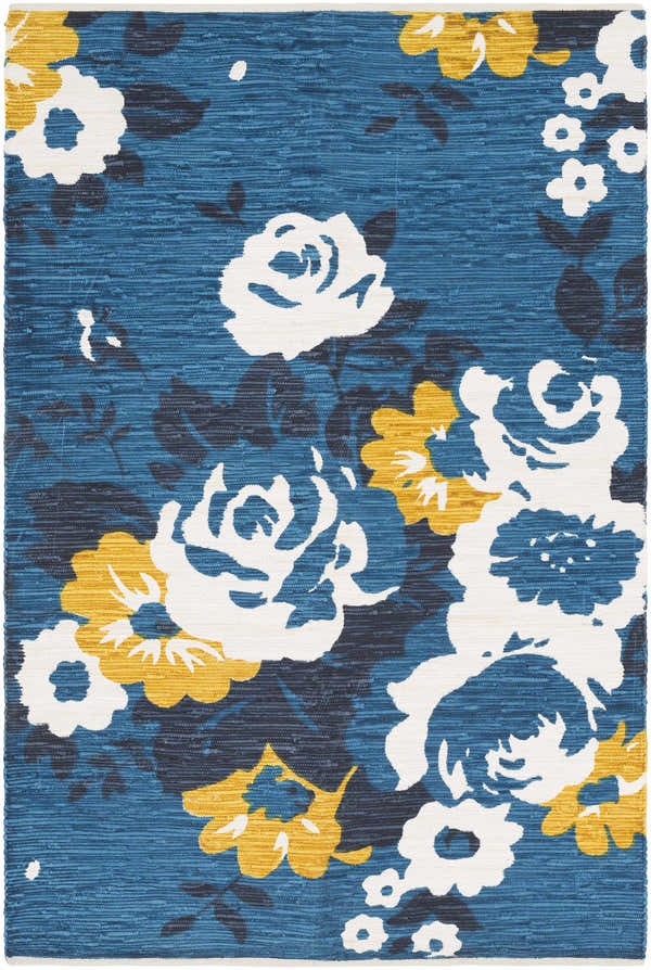 Close-up of the Byars Clearance Rug, a hand-woven cotton rug with a blue background and white and mustard floral pattern. Design-Rectangle-576