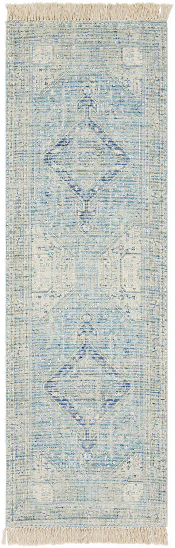 Close-up of the Byers Handmade Cotton-blend Aqua Rug. Features a traditional geometric pattern in aqua, blue, and olive hues with fringe. Design-Runner-268