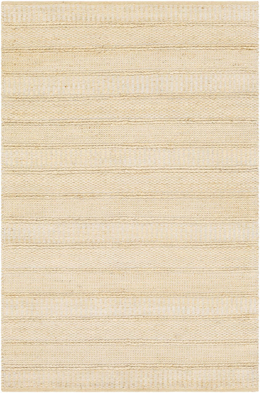 Close-up of the Bywong Area Rug. Hand-woven jute rug in beige and off-white with a subtle striped pattern and textured weave. Design-Rectangle-58