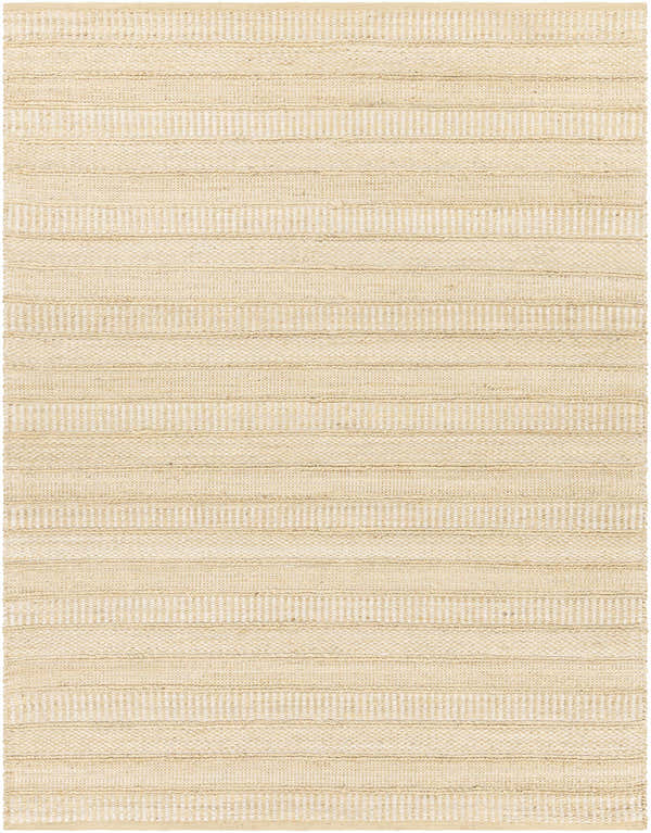 Close-up of the Bywong Area Rug showing its beige and off-white jute weave and horizontal stripe pattern. Design-Rectangle-810