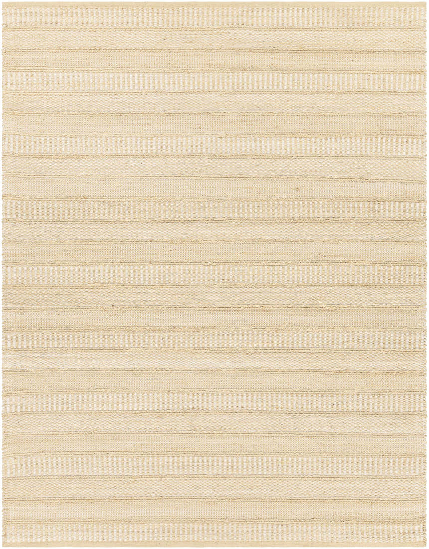 Close-up of the Bywong Area Rug showing its beige and off-white jute weave and horizontal stripe pattern. Design-Rectangle-810