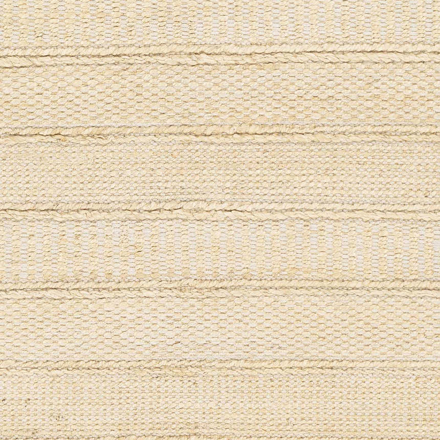 Close-up of the Bywong Area Rug. Beige and off-white jute rug with hand-woven texture and subtle horizontal stripes. Swatch