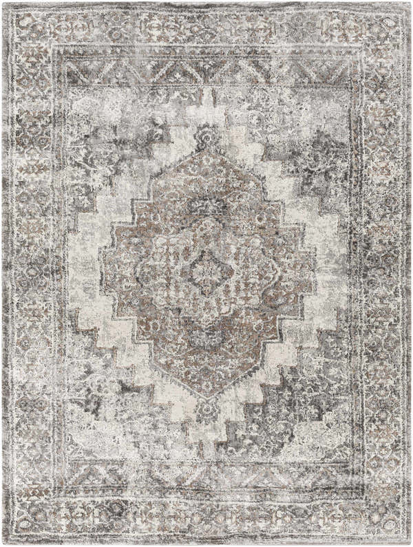 Close-up of the Manaring Charcoal Luxe Thick Area Rug, featuring a distressed oriental pattern in charcoal, cream, and brown tones. Design-Rectangle-537