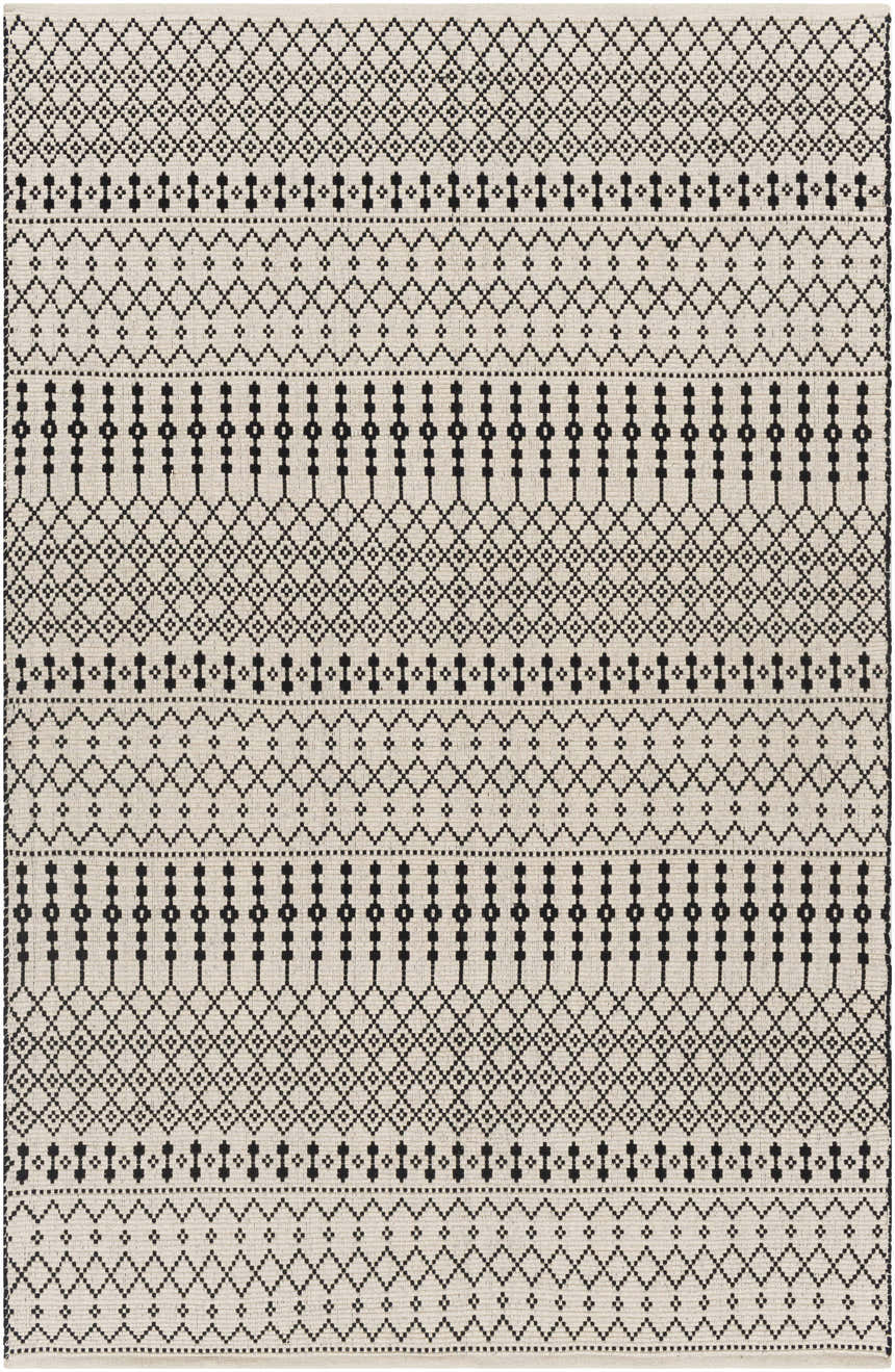 Close-up of the hand woven Cabinuangan Area Carpet. Beige cotton rug with a black Southwestern geometric pattern. Design-Rectangle-576