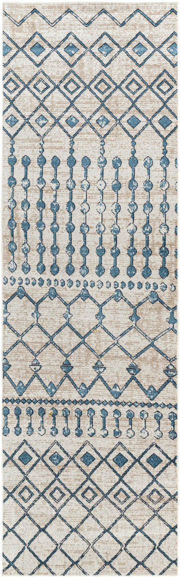 Close-up of Cabognon Washable Area Rug with blue geometric pattern on light beige background. Farmhouse style. Design-Runner-2773