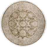 Round Caernarfon Premium Wool Area Rug with traditional floral design in brown, tan, and gray with fringe. Design-Round-8