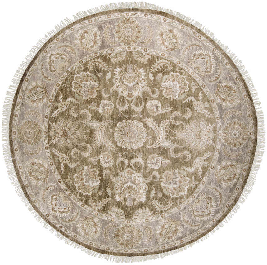Round Caernarfon Premium Wool Area Rug with traditional floral design in brown, tan, and gray with fringe. Design-Round-8