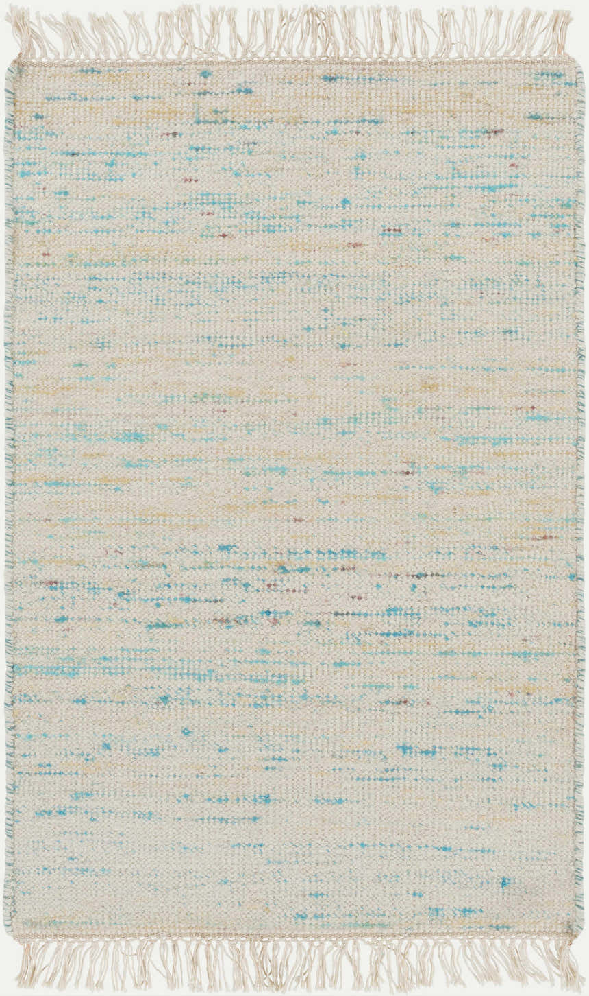 Close-up of the hand-woven Cairnbrook Area Carpet. Aqua, blue, and pale blue hues with fringe detail. Contemporary style. Design-Rectangle-23
