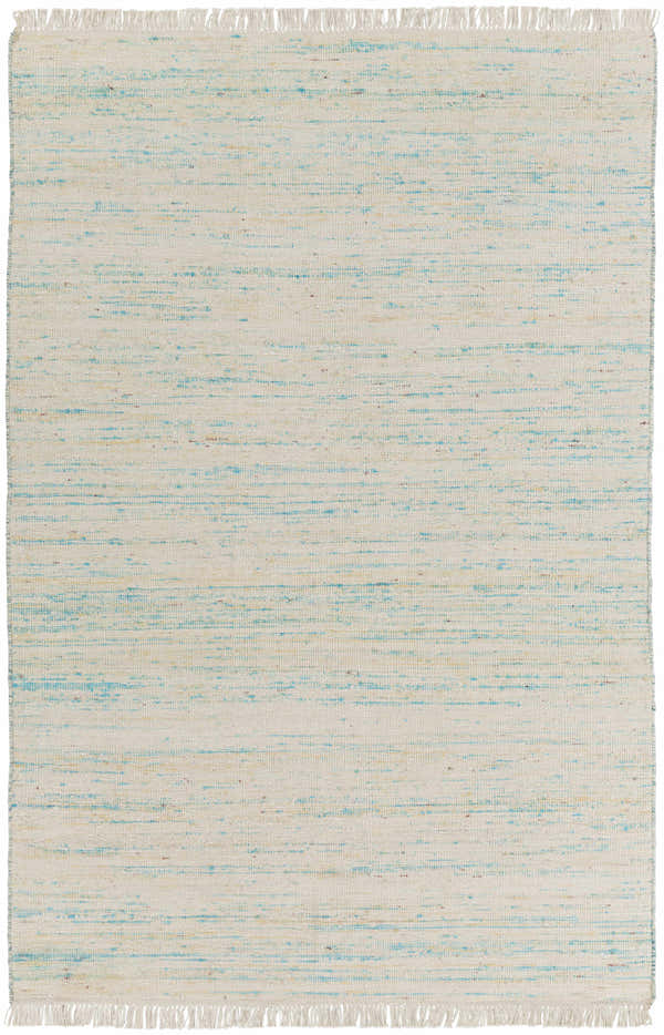 Close-up of the hand-woven Cairnbrook Area Carpet. Aqua and pale blue hues create a contemporary design with fringe. Design-Rectangle-576