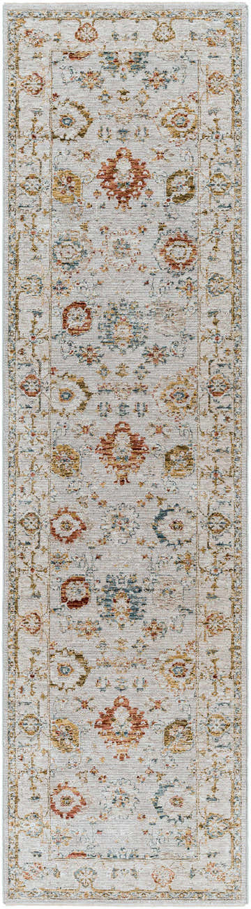 Close-up of the Calingcuan Luxe Oushak Rug. Features brick red, cream, denim, and mustard floral and oriental pattern on light gray. Design-Runner-2710