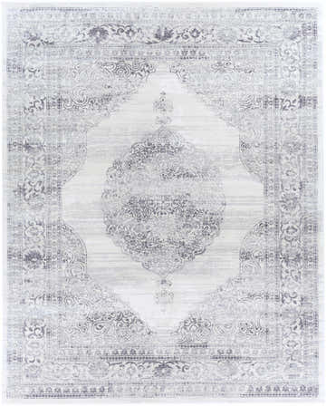 Close-up of the Caloundra Area Rug, a machine-woven, rectangular rug with a traditional, gray and charcoal oriental pattern. Design-Rectangle-71010