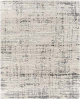 Close-up of the Calsib Area Rug. Shag rug in cream, light beige, and black with a contemporary design. Design-Rectangle-71010