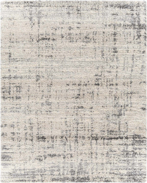 Close-up of the Calsib Area Rug. Shag rug in cream, light beige, and black with a contemporary design. Design-Rectangle-71010