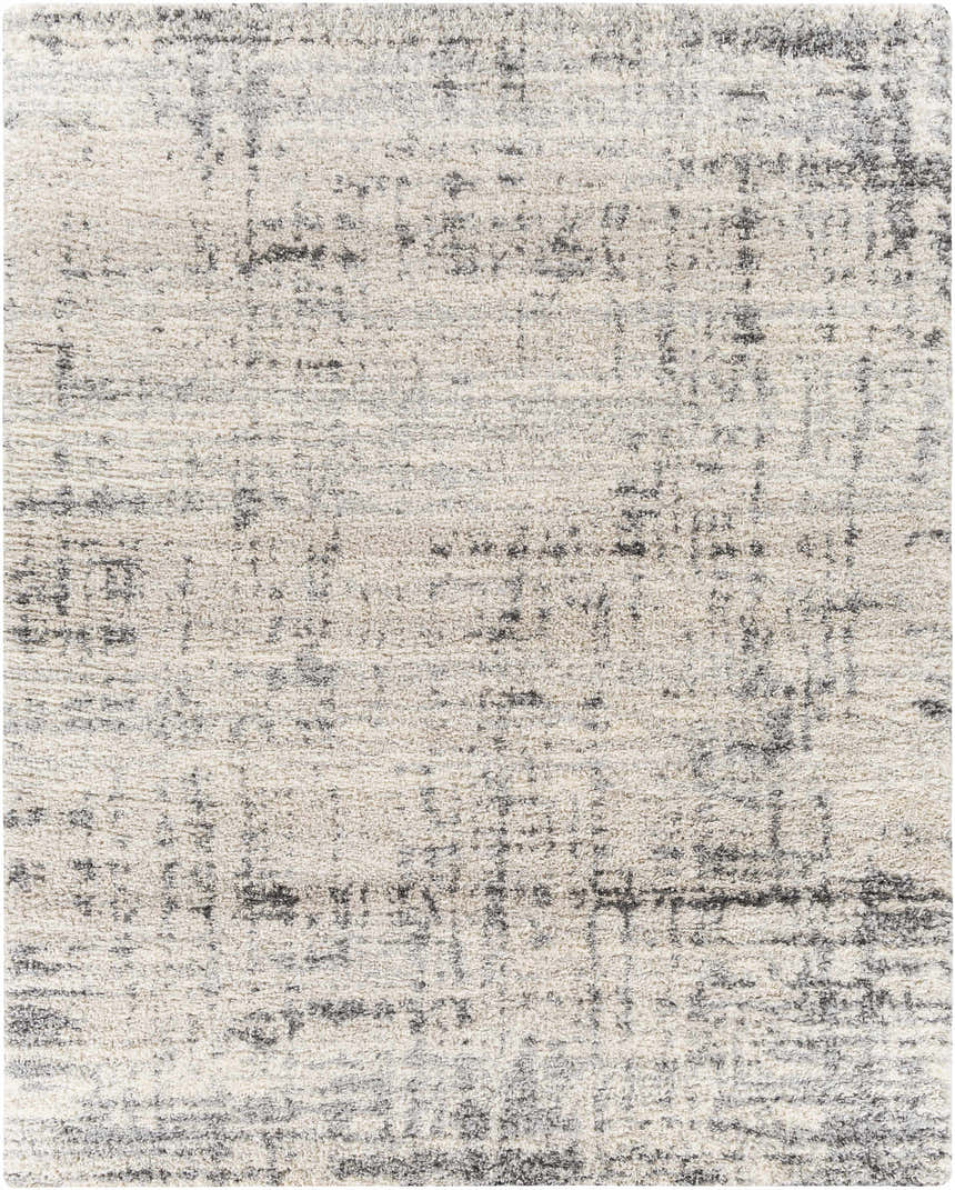 Close-up of the Calsib Area Rug. Shag rug in cream, light beige, and black with a contemporary design. Design-Rectangle-71010