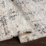 Close-up of the Calsib Area Rug, a shag rug in cream, light beige, and black on dark wood flooring. Fold