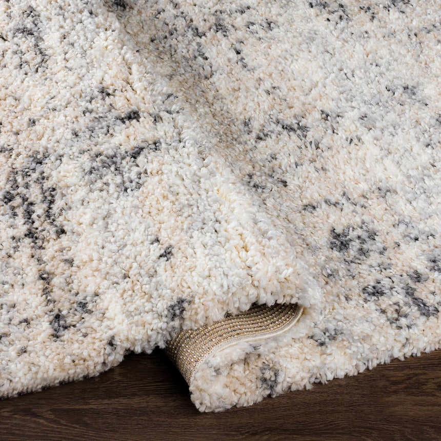 Close-up of the Calsib Area Rug, a shag rug in cream, light beige, and black on dark wood flooring. Fold