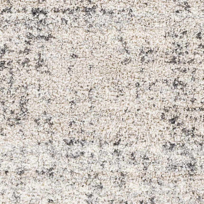 Close-up of the Calsib Area Rug. Shag rug in cream and light beige with a black and light gray abstract design. Swatch