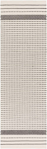 Close-up of Calumpang Area Carpet. Beige cotton rug with black stripes and Southwestern diamond pattern. Hand woven. Design-Runner-268