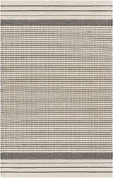 Close-up of the hand woven Calumpang Area Carpet. Beige cotton rug with black stripes and Southwestern diamond pattern. Design-Rectangle-576