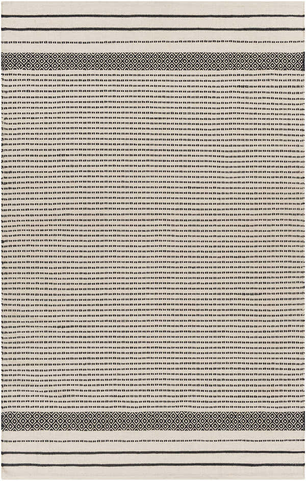 Close-up of the hand woven Calumpang Area Carpet. Beige cotton rug with black stripes and Southwestern diamond pattern. Design-Rectangle-576