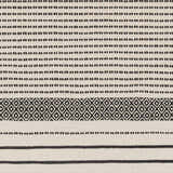 Close-up of the hand woven Calumpang Area Carpet, beige and black cotton with solid stripes and Southwestern diamond pattern. Swatch