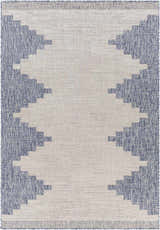 Close-up of the Djugun Blue Outdoor Rug featuring a geometric pattern in navy and off-white. Design-Rectangle-5377
