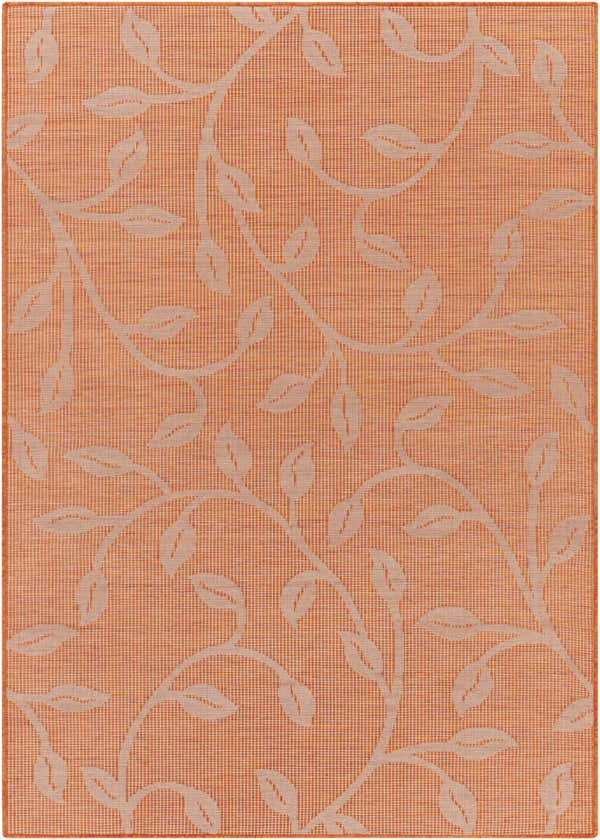 Close-up of the orange Calwell Flatweave Area Carpet with a light beige leaf and vine pattern. Design-Rectangle-537