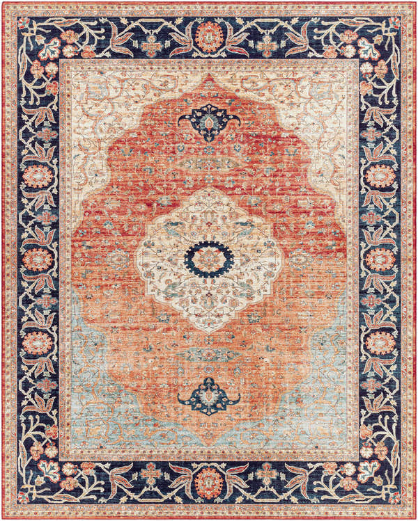 Detailed Oriental rug, the Camperdown Area Rug, in burnt orange, cream, and dark blue with a traditional floral pattern. Design-Rectangle-7696