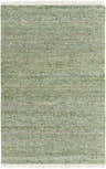 Close-up of the hand woven Campti Area Carpet. Aqua, grass green, ivory, light green, and rust colors. Wool and viscose blend. Design-Rectangle-576
