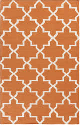 Close-up of the Canadys Area Rug, a hand-woven wool rug with a contemporary white geometric pattern on an orange background. Design-Rectangle-58