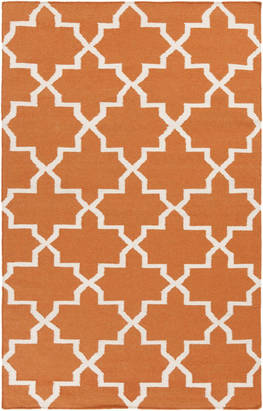 Close-up of the Canadys Area Rug, a hand-woven wool rug with a contemporary white geometric pattern on an orange background. Design-Rectangle-58