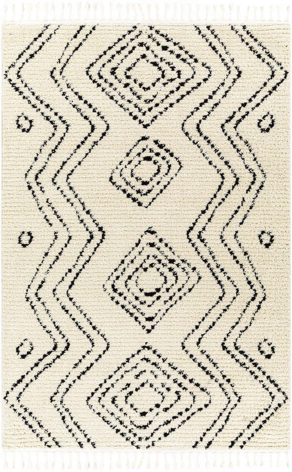 Close-up of the Canhaway Area Rug. Cream rug with black geometric diamond and zig zag pattern. Tassels on the ends. Design-Rectangle-537